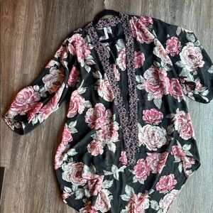 Xhilaration Black Kimono Tunic with Pink Floral Print